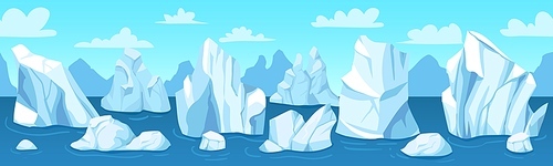 Seamless arctic landscape. Icebergs, snow mountains and hills antarctic drifting glacier, winter panorama, wallpaper vector illustration. Nature in north pole, ocean with melting ice cliff