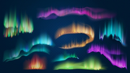 Realistic lights of arctic aurora borealis, northern natural phenomenon. Abstract glowing wavy effect. Polar night sky landscape. Illustration of northern arctic, aurora transparent lights