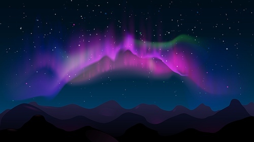Abstract mountain night landscape with aurora borealis and stars. Northern colored lights in sky, polar natural glowing vector illustration. Sky aurora light in night mountain landscape