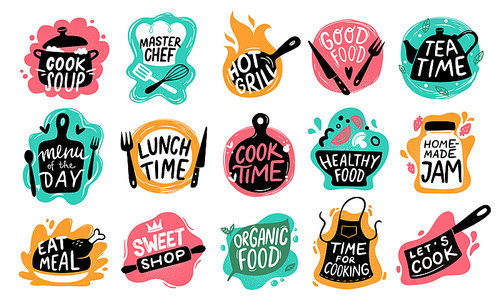 Cooking food lettering. Kitchen badge logos, baking foods typography and cook labels. Chef gourmet food menu logotype, kitchens stamp or cooking quotation. Vector isolated icons set