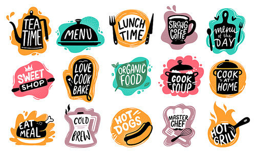 Food lettering. Bakery kitchen sweets, hot dogs badge and organic food logo. Good food cooking motivation, restaurant text emblem or bakery quote. Vector isolated symbols set