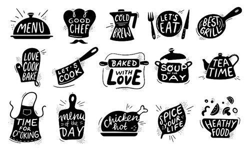 Kitchen food lettering. Gourmet cooking foods badge, chicken recipes cook and restaurant menu letterings. Chef apron stamp, food bistro chalk logo design. Vector illustration isolated icons set