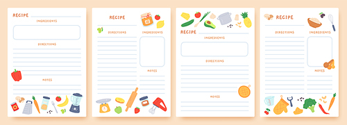 Recipe cards. Pages for culinary book decorated with ingredients and kitchen utensils. Food preparation icons. Cook card template vector set. Place for directions and notes with appliances and product