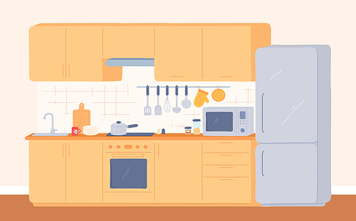 Kitchen interior. Furniture for cooking stove, oven, cupboard, sink and fridge. Modern kitchen with appliances and utensils, vector room. Dining area in house cartoon flat illustration