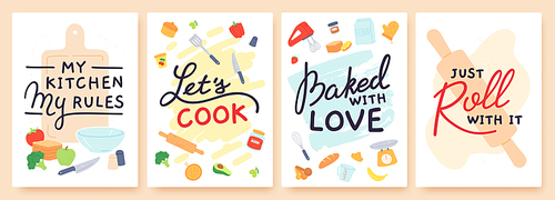 Cooking poster. Kitchen prints with utensils, ingredient and inspirational quote. Baked with love. Food preparation lesson banner vector set. My kitchen my rules, lets cook. Food and appliances