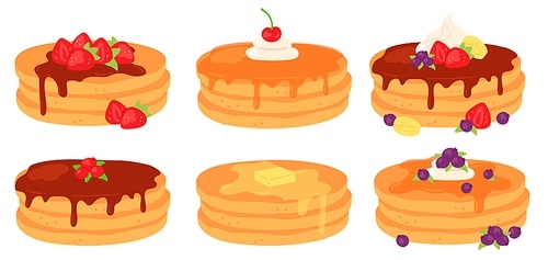 Cartoon breakfast pancake stacks with maple syrup and berry topping. Tasty pancakes with butter, chocolate, cream and strawberry vector set. Illustration of breakfast morning dessert, pancake homemade