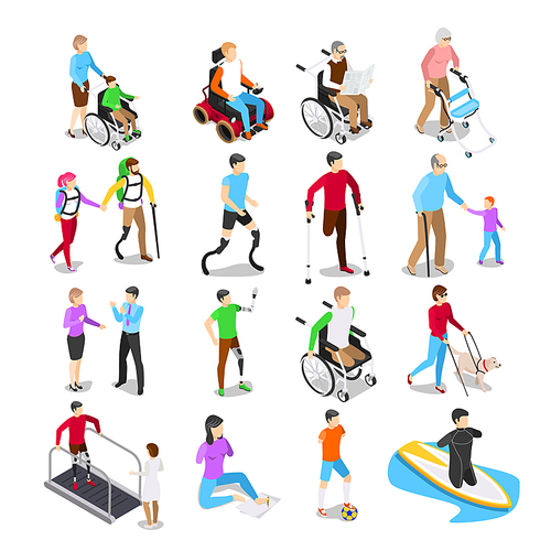Isometric disabled people. Disability care, disabled elderly senior in wheelchair and limb prosthetics. Disabilities people working, physiotherapy rehabilitation exercise vector isolated icons set