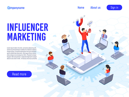 Influencer marketing. Influence on B2c clients, potential product buyers or consumer products buyer, online engagement communication business or digital customer research process strategy illustration