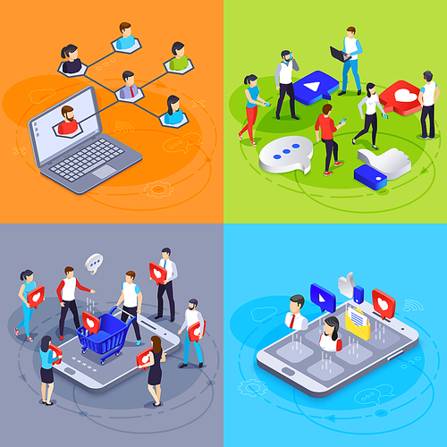 Social media isometric concept. Digital marketing and online advertising agency. Ads hashtag, likes and followers network customer viral content specialist campaigns vector illustration set