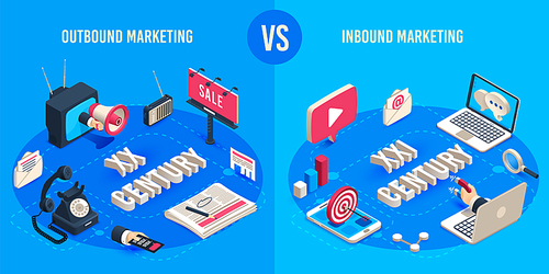 Outbound and inbound marketing. Isometric market advertising generations, online markets sales magnet and ads megaphone. Good online communication reputation or digital customers vector concept