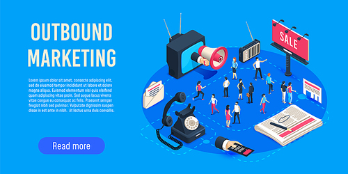 Outbound marketing isometric. Business market sales optimisation, corporate crm and social media ads communication or inbound marketing permission. Digital advertising online campaigns vector concept
