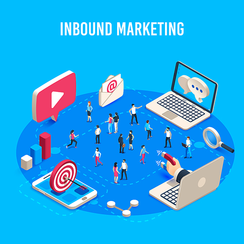 Inbound marketing isometric. Online mass market ads, business target sales ad and offline sale advancement, market communication optimization. Social media crm business vector concept