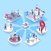 3d isometric marketing people. Social media market, interests target group representatives and business customers map. Seo marketing agency, webdesign and computer developers promotion vector concept