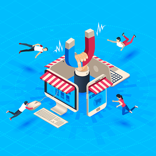 Web store customer attraction. Attract buyers, isometric retain loyal clients and social media business marketing, acquisition loyalty retention customers reputation attractions vector illustration