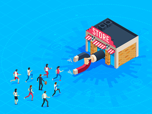 Store attraction customers. Market magnet attracted loyal customer. Inbound marketing attract clients shopping . Buying shop business attractive shoppers business vector isometric concept