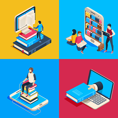 Isometric online library. Students reading books on smartphone, studying science book and read book on reader. University learning by laptop webinar courses vector 3d collage illustration