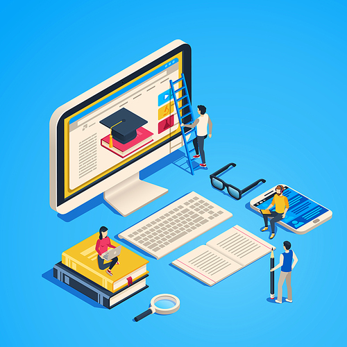 Isometric online teaching. Internet classroom, student learning at computer class. Online university graduate, studying training tutorial or exam. Laptop education 3d vector illustration