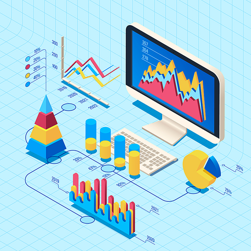 isometric finance data analysis. market position concept, web business computer diagram data trends  science. professional research scrutiny report graphics 3d vector illustration