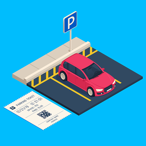 Isometric transport parking. Entrance parking space ticket, city urban car garage barriers gate security payment system business. Cars traffic communication technology vector illustration