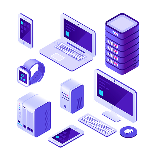 Mobile devices isometric set. computer, server and laptop, smartphone touchpad screen. Cloud database system communication wireless internet technology vector 3d isolated icons collection