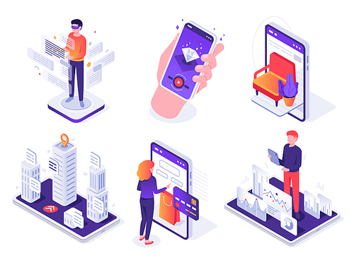 Isometric augmented reality smartphone. Mobile AR platform, virtual game and smartphones 3d navigation. Future communication resource technology. Vector concept isolated icons illustration set