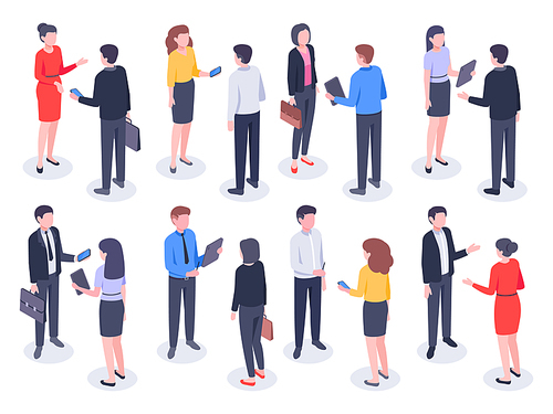 Isometric business people. Businessman team, businesswoman working collective and crowd of office worker persons. Professionals employees partnership meeting. Vector isolated illustration icons set