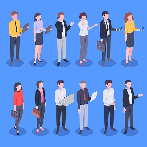 Isometric business office people. Bank employee, corporate businessman and businesswoman. Open space office teamwork worker people, career consultant leader. Vector illustration isolated icons set