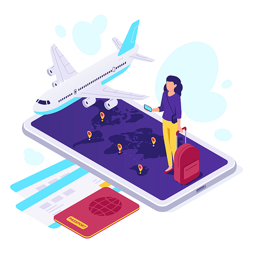 Isometric airplane travel. Traveler suitcase, airplane travels and traveling. Aircraft tourism travel, departure airport or relax journey lifestyle ticket phone app 3d vector illustration