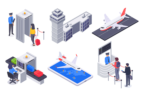 Isometric airport passengers. Tourism flight aircraft, business passenger with travel luggage suitcase. Private vip executive jet travelling or plane terminal. Vector illustration isolated icons set