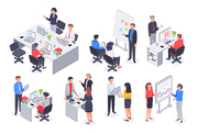 Isometric business office team. Corporate teamwork meeting, employee workplace and people work. Career strategy consulting or coworking workspace. 3D vector illustration isolated icons set