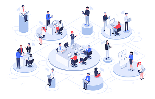 Isometric virtual office. Business people working together, technology companies workspace and teamwork platforms. Digital development communication, vr training vector illustration