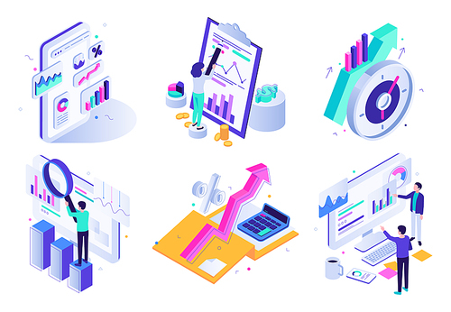 Market analytic report. Financial audit, marketing strategy review and finance business statistic. Social traffic management specialist, strategy audit isometric 3D vector icons illustration set