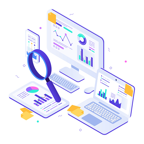 Online financial audit. Isometric website metrics, statistical graphs dashboards and web seo research. Business billing payment taxes, online accounting payments or invoice pay tax vector illustration