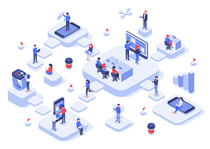 Isometric work team. Cloud workplaces platforms, modern teams workflow process and development company startup. Business technology work achievements, cowork offices 3d vector illustration