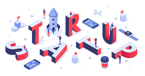 Isometric startup lettering. Company launch, startups business banner and abstract creative. Creativity it startup teams meeting or teamwork 3d vector background illustration