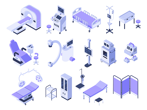 Isometric hospital tools. Medical diagnostic equipment, healthcare monitoring and health care diagnostics technology. Operating table or surgery tools. Isolated 3d vector icons set