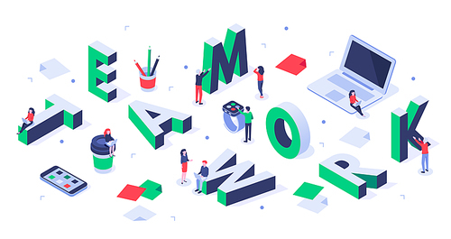 Isometric teamwork lettering. Creative team, business people partnership and successful people working together. Work team partnership, working cooperation togetherness vector illustration