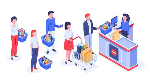 Isometric supermarket purchases. Buyers in line waiting, shoppers purchase and retail store cash register. Shopping together, shops retails clerks service or payment checkout vector illustration