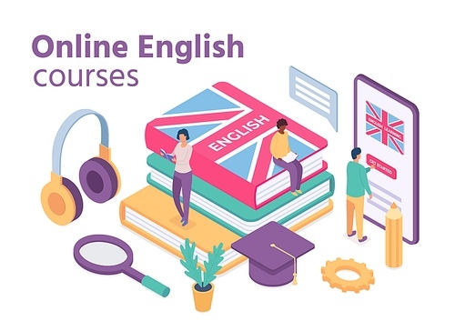 Isometric english courses. Online foreign language school with student learn vocabulary and reading books. Distance education vector concept. Illustration education online, english language course