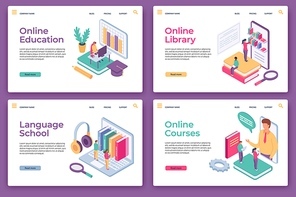 Online education landing pages. Isometric distance learning, home study, web library, language school and courses, website page vector set. Illustration education distance, knowledge e-learning online