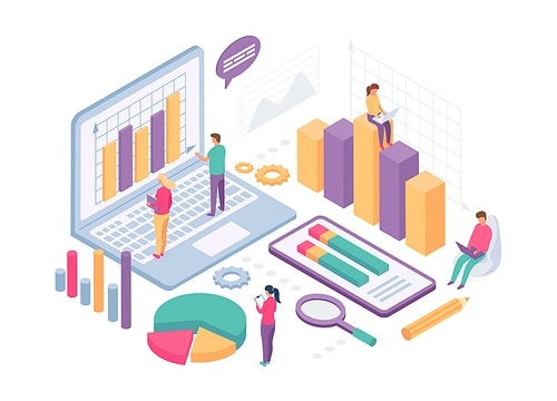 Isometric business analysis. People work with data charts, statistics graph and metrics on computer screen. Finance analytics vector. Illustration isometric analysis, business management isometry