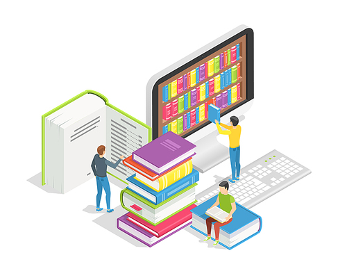 Book reading concept. Small people with pile of huge books. Education online read training courses distance learning tutorials and student online library vector background