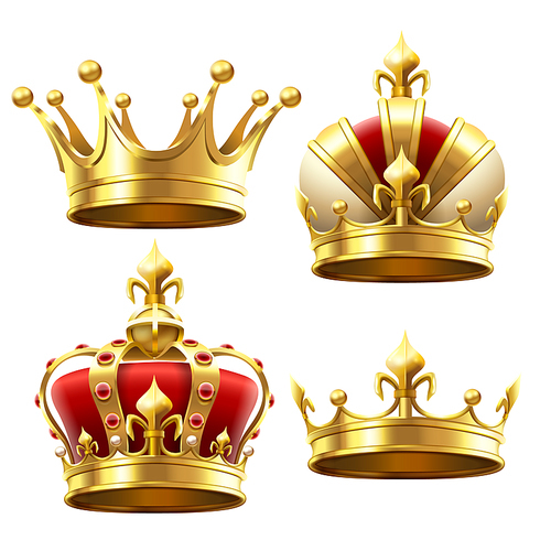 Realistic gold crown. Crowning headdress for king and queen. Royal golden noble aristocrat monarchy red jewel crowns. Monarch jewels royalty luxury coronation 3d vector isolated icons set