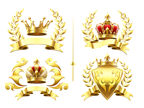 Realistic heraldic emblems. Insignia with golden crown, gold crowning medal emblem with royal crowns on shields 3d isolated set. Luxury laurel wreath king badges, trophy labels retro vector icons