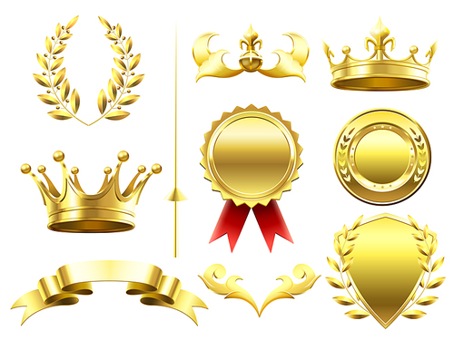 Heraldic 3D elements. Royal crowns and shields. Sport challenge winner gold medal. Laurel wreath and golden monarchy crown and shield, crowning queens tiara antique realistic isolated vector set