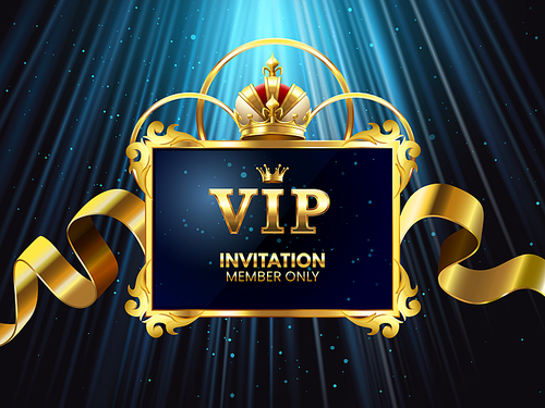 vip invitation card. glamour celebration party invitate. elegant golden crown in gold  for luxury anniversary cards for royal wealth club luxury exclusive premium event vector concept