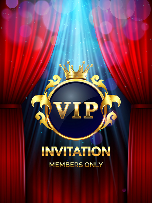 Premium invitation card. Vip party invite with golden crown and open red curtains. Grand opening banner, gold luxury elegant vip gatsby glamour invite ticket vector template