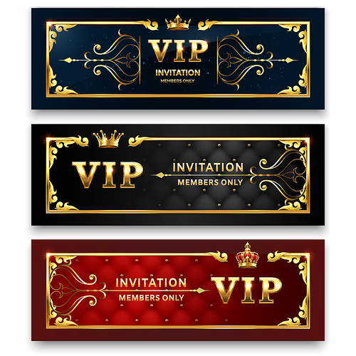 Golden banner. Gold royal crown, luxury exclusive glamour club flyer and luxurious elegant banners Vip labels invitations promotion vintage vector isolated sign set