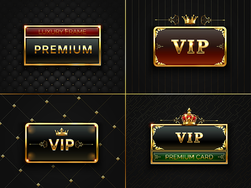 golden vip . premium banner with gold insignia crown. black luxury invitation card with gold frames. exclusive royal certificate for elegant vip wedding vintage vector cards set