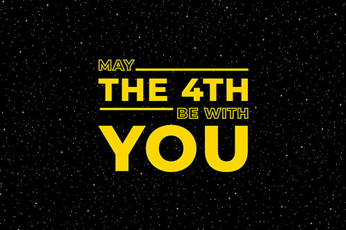 May the 4th be with you. Starry sky poster, star force and hand drawn stars. Wars movie slogan banner, futuristic stars glow poster or space star fantasy vector illustration